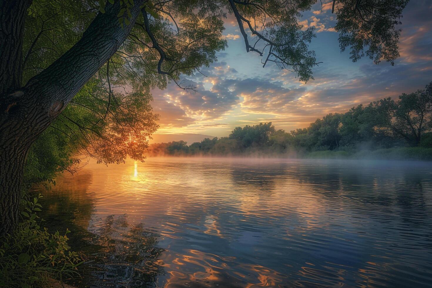 Sunset Over Misty River with Tranquil Water Nature Background photo