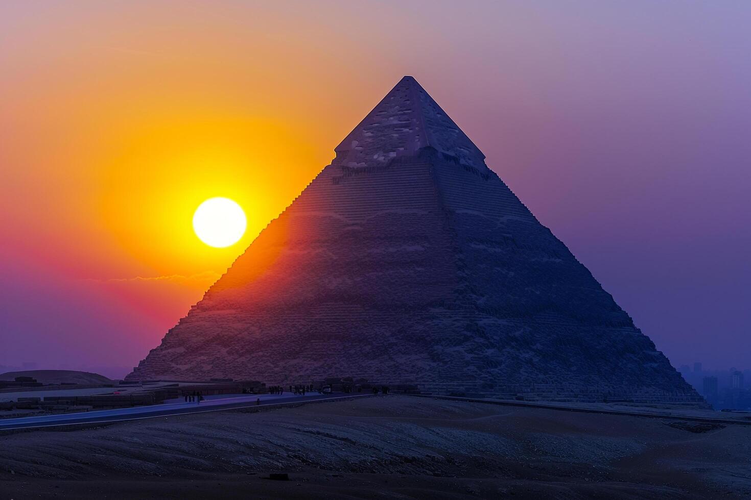 Sun Setting Behind Pyramid Silhouette Nature Background photo