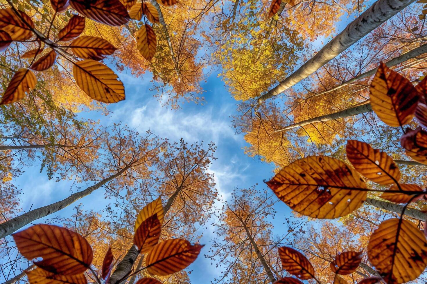 Canopy of Autumn Leaves Against Blue Sky Nature Background photo