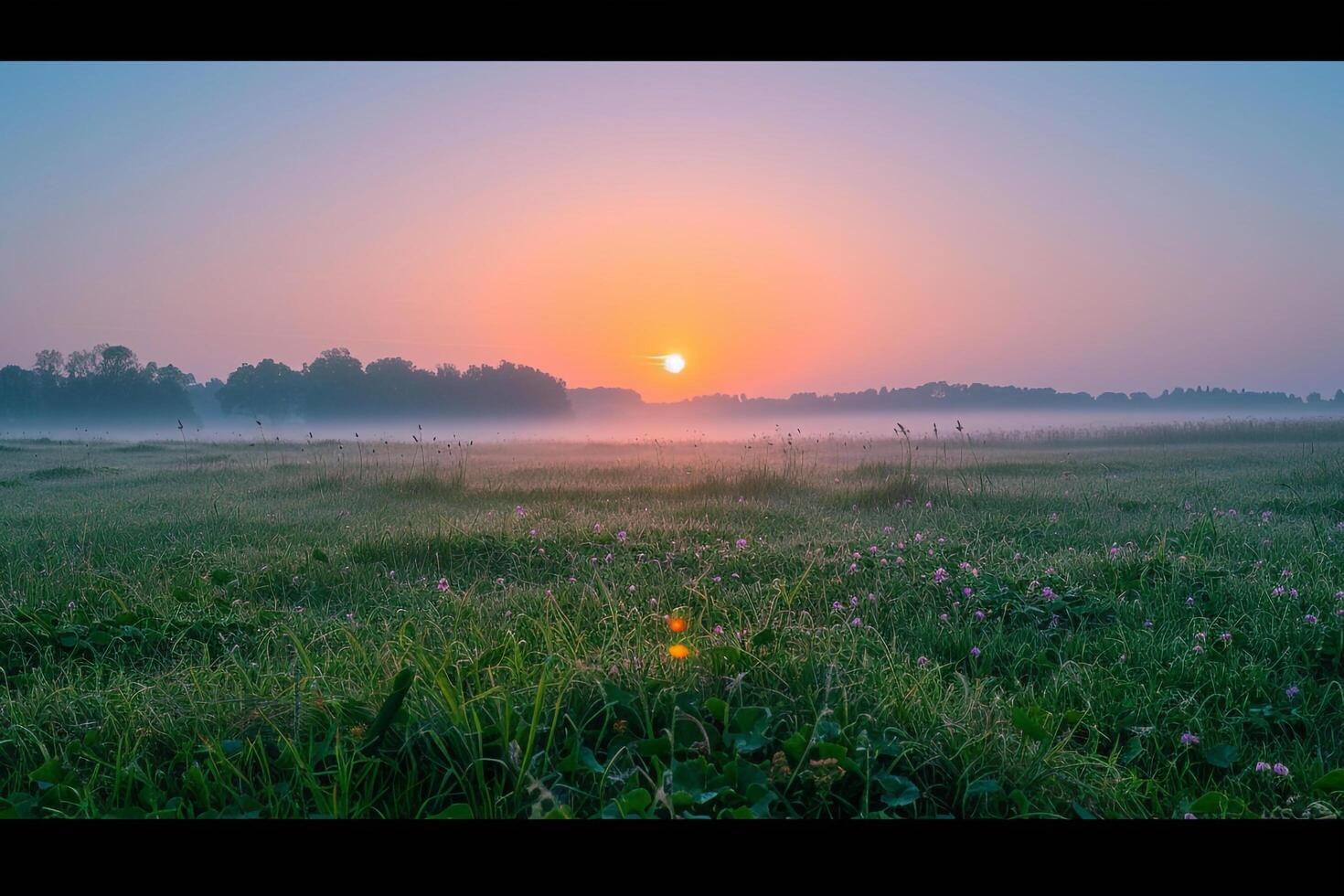 Pastel Colored Sunrise Over Misty Meadow Background Nature photo