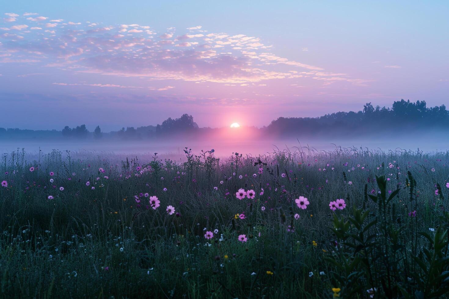 Pastel Colored Sunrise Over Misty Meadow Background Nature photo
