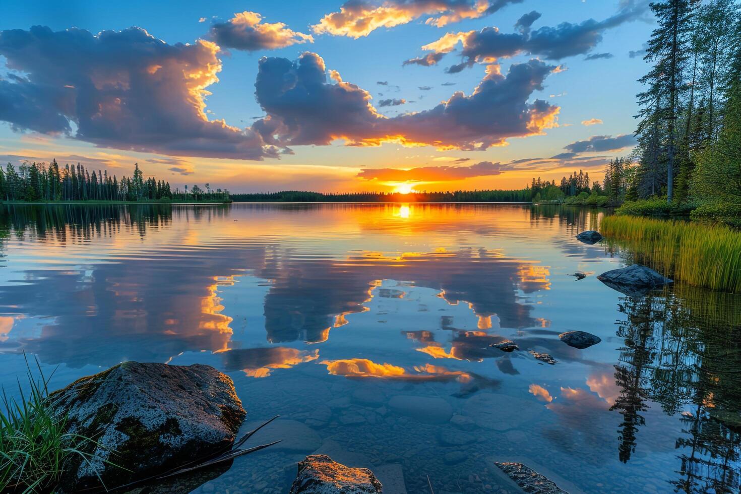 Tranquil Lake Reflecting Sunset Colors Background Nature photo