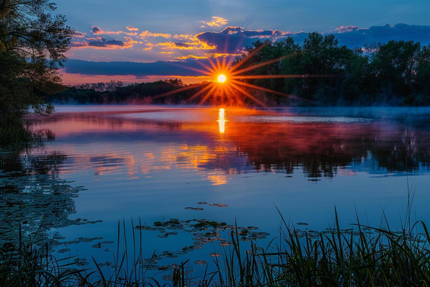 Sunrise Over Quiet Lake Background Nature photo