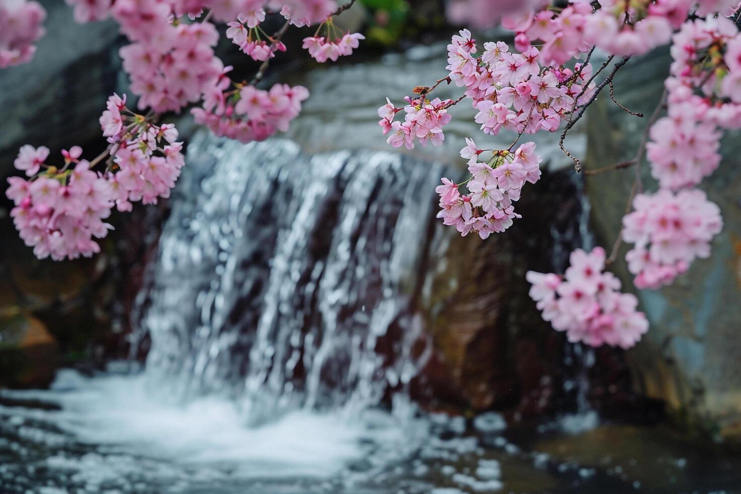 Small Waterfall Amidst Cherry Blossoms Background Nature photo
