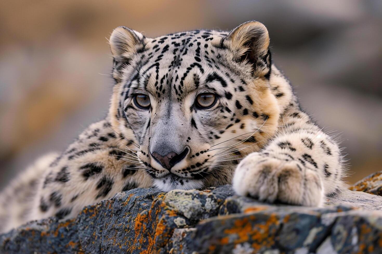 Snow Leopard Resting on Rocky Ledge in Himalayan Mountains Background Nature photo