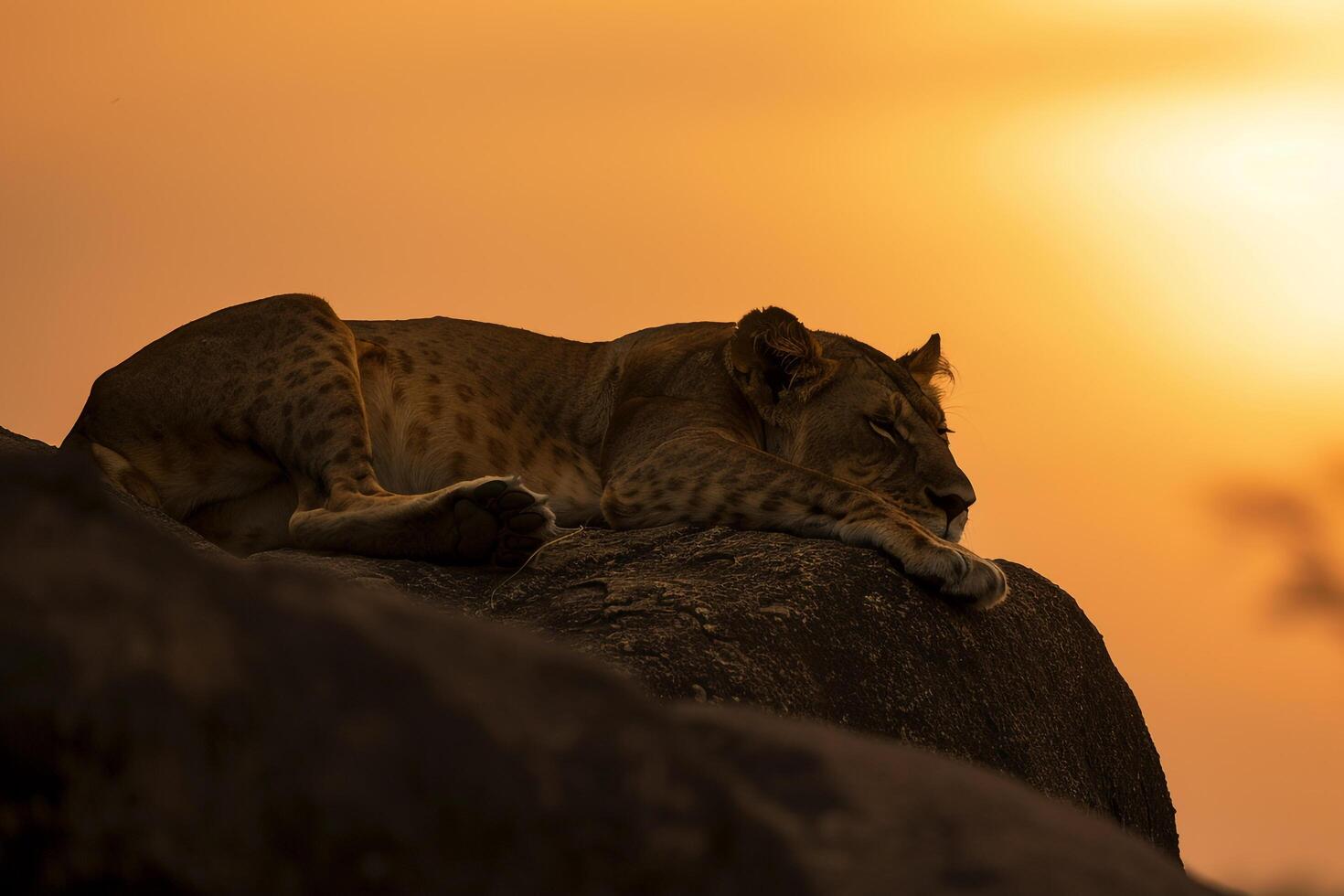 Lioness Resting on a Rock in the Serengeti Background Nature photo