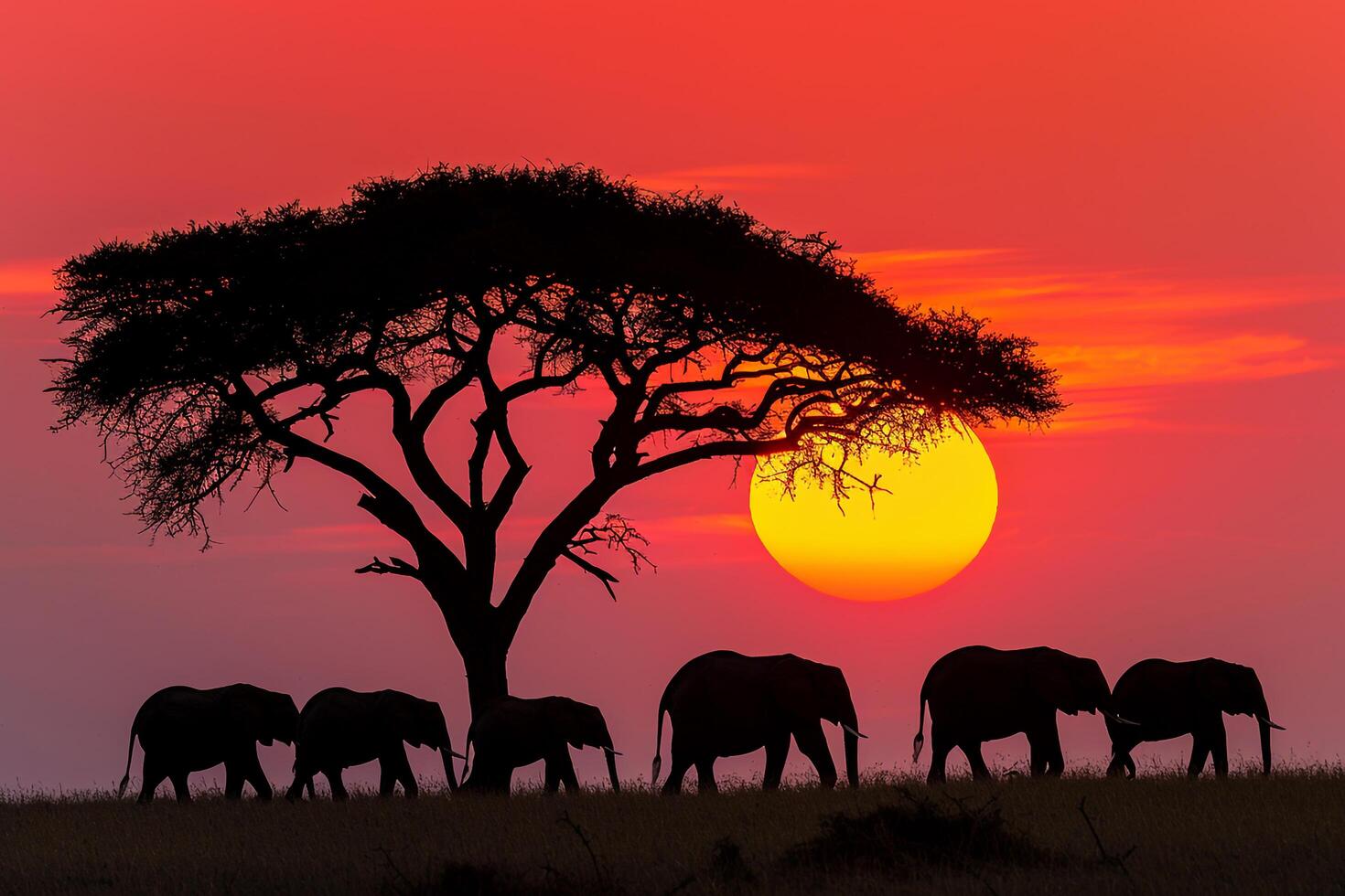 Elephants Silhouetted Against a Sunset in the Serengeti Background Nature photo