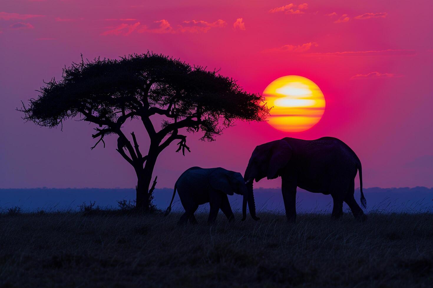 Elephants Silhouetted Against a Sunset in the Serengeti Background Nature photo