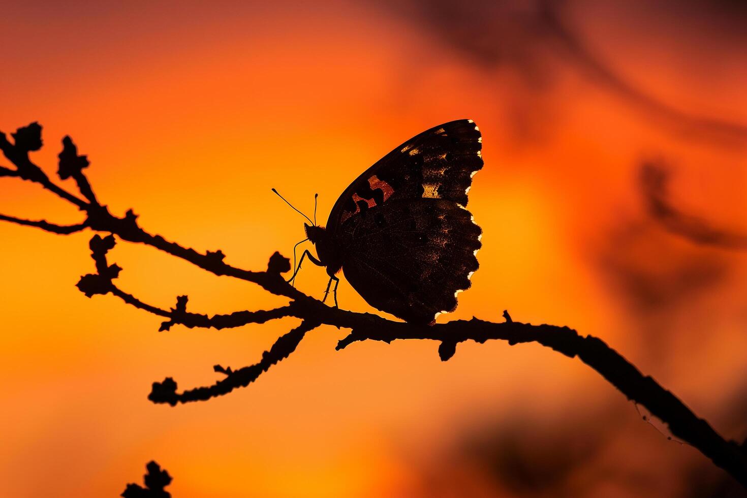 Silhouette of a Mourning Cloak Butterfly Resting on a Tree Branch Against a Fiery Sunset Sky Background Nature photo