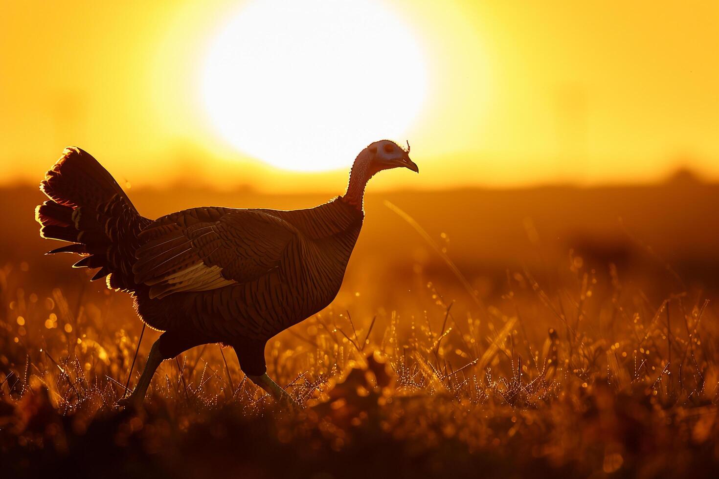 Silhouette of a Turkey Walking Through a Field During Sunset Background Nature photo