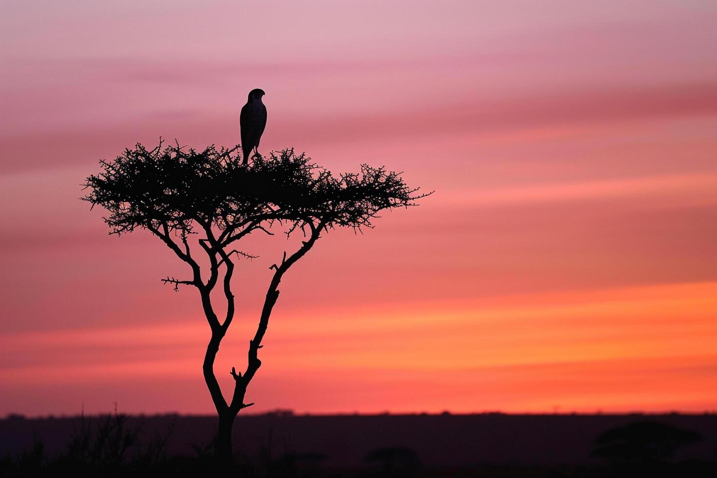 Silhouette of a Falcon Perched on a Tree Against a Evening Sky Background Nature photo