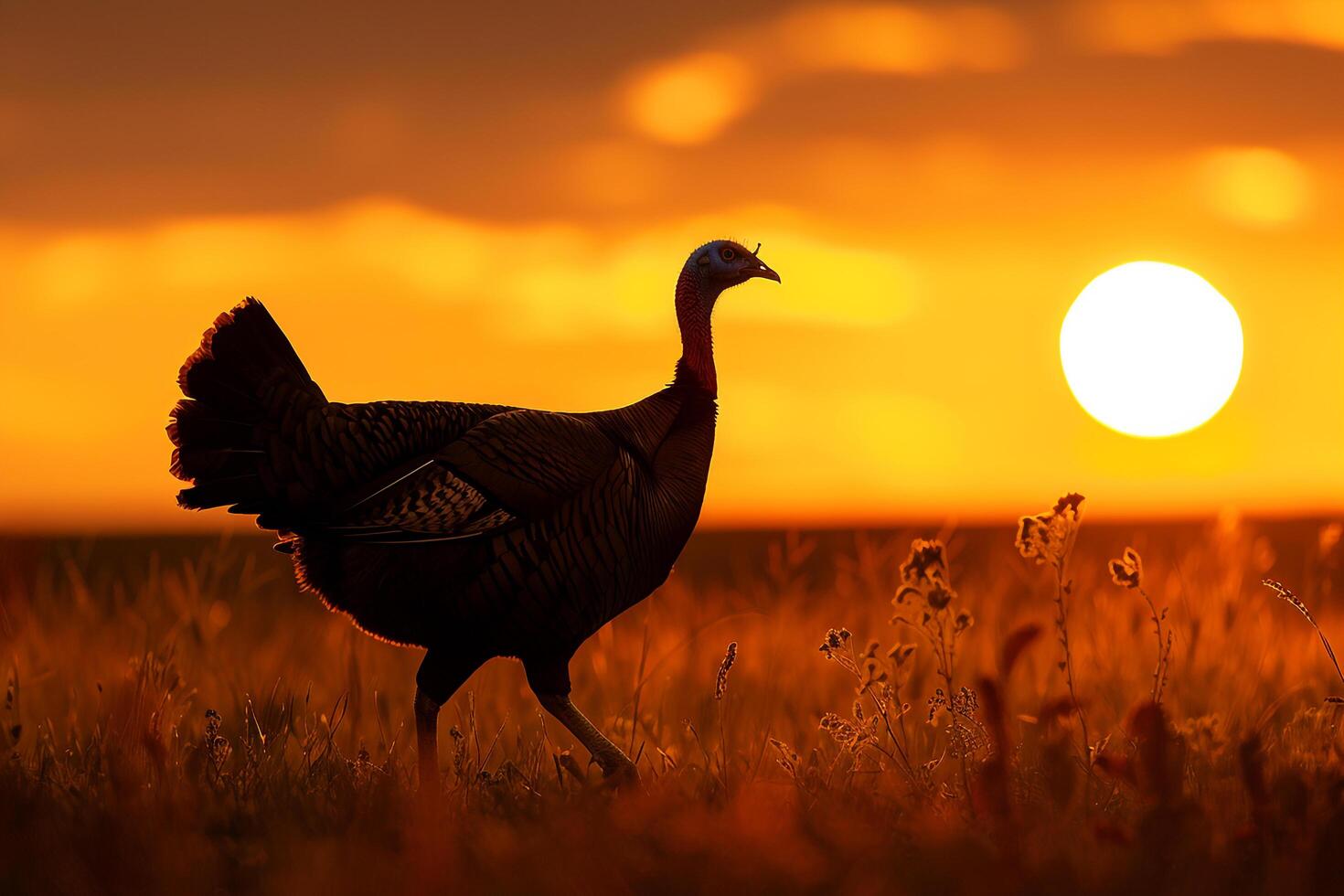 Silhouette of a Turkey Walking Through a Field During Sunset Background Nature photo