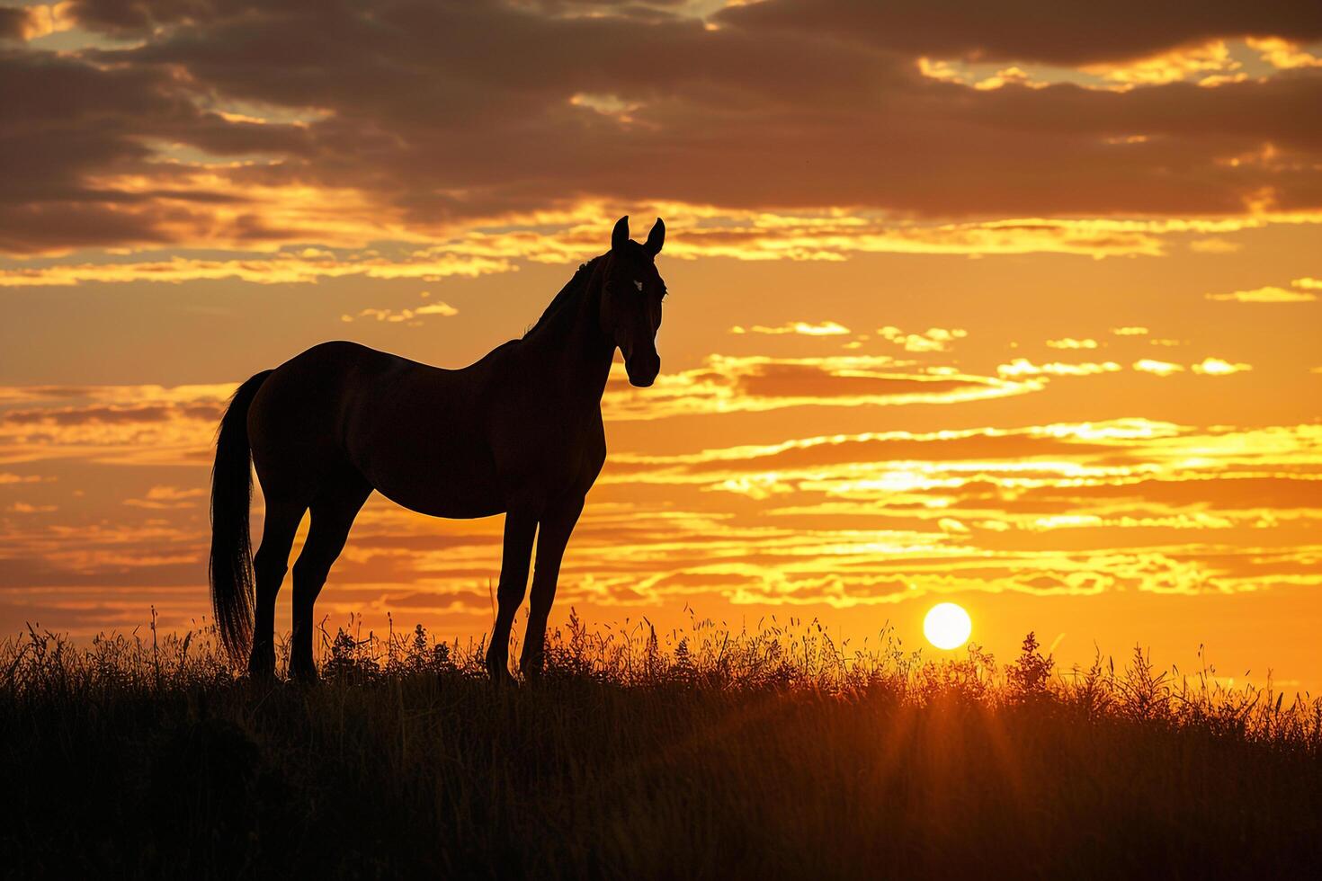Silhouette of a Horse Standing on a Hill During Sunset with Nature Background and Golden Light photo