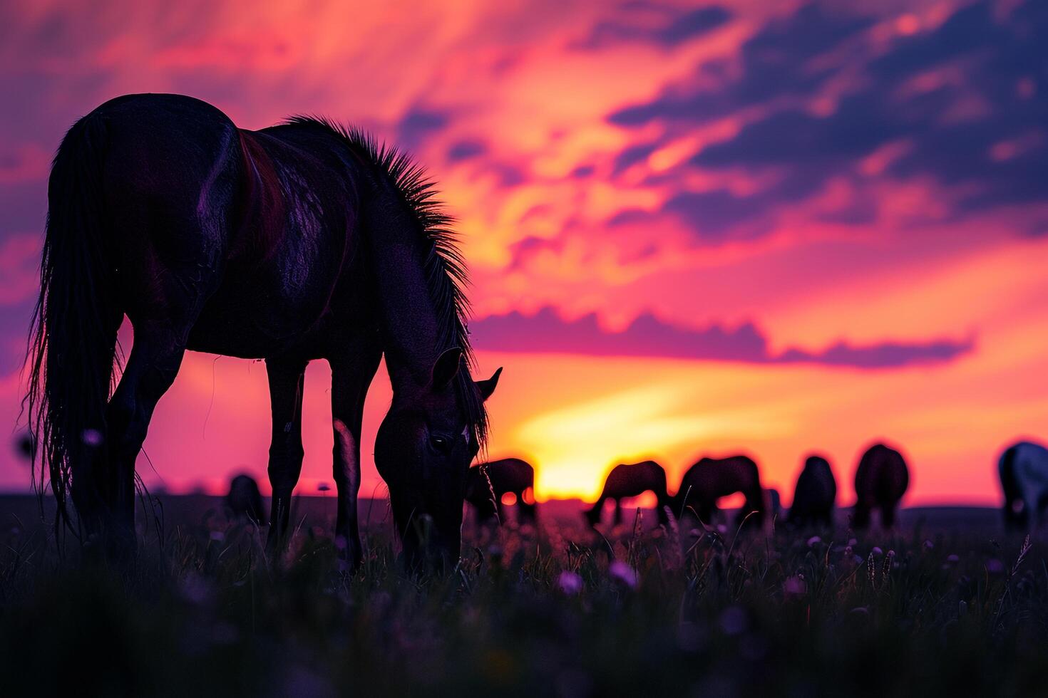 Silhouette of Horses Grazing in a Field During Sunset with Nature Background and Golden Light photo