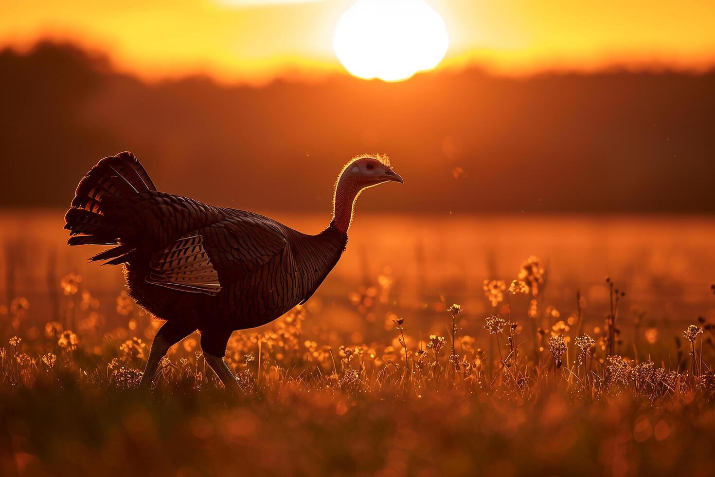 Silhouette of a Turkey Walking Through a Field During Sunset with Nature Background and Golden Horizon photo