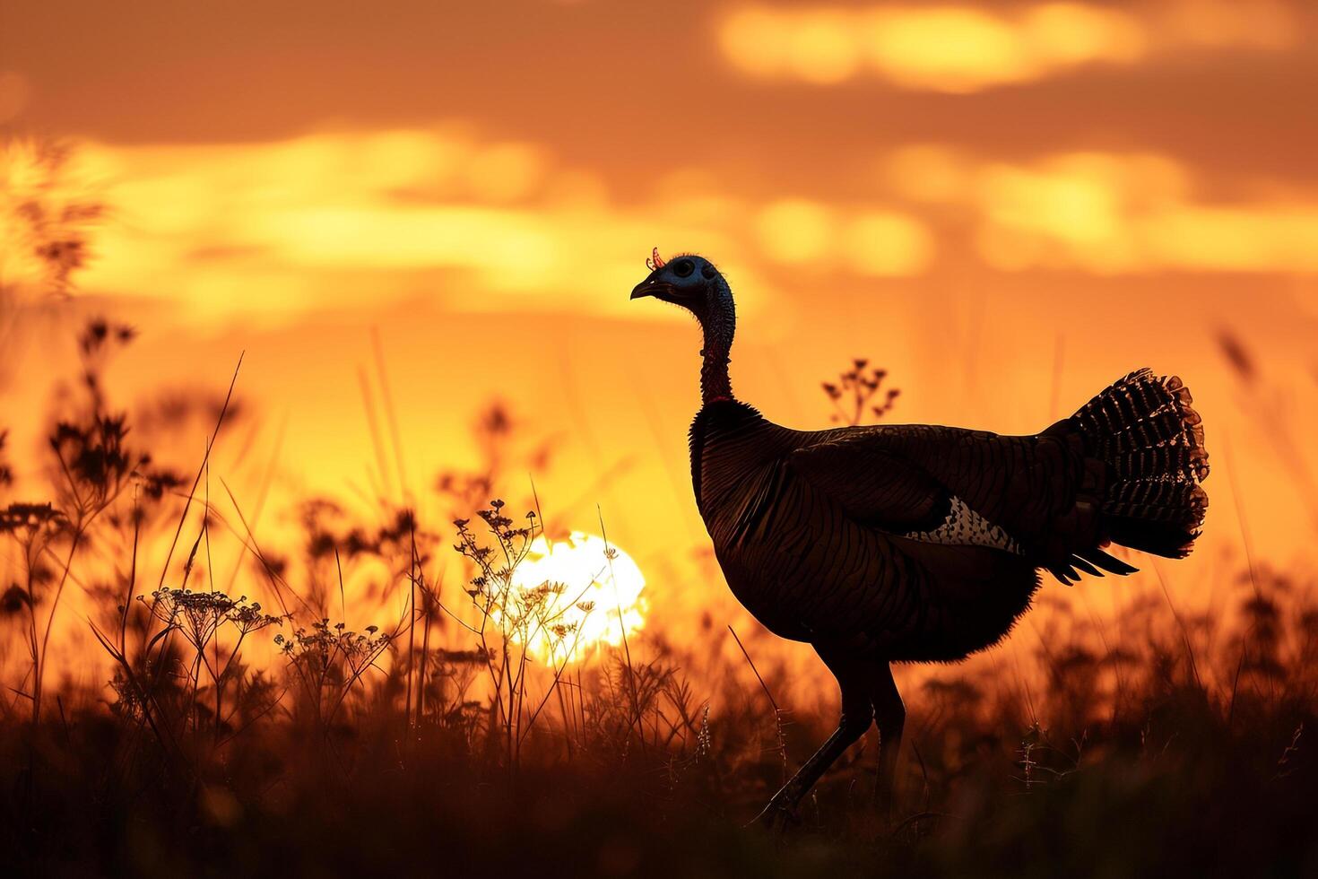 Silhouette of a Turkey Walking Through a Field During Sunset with Nature Background and Golden Horizon photo