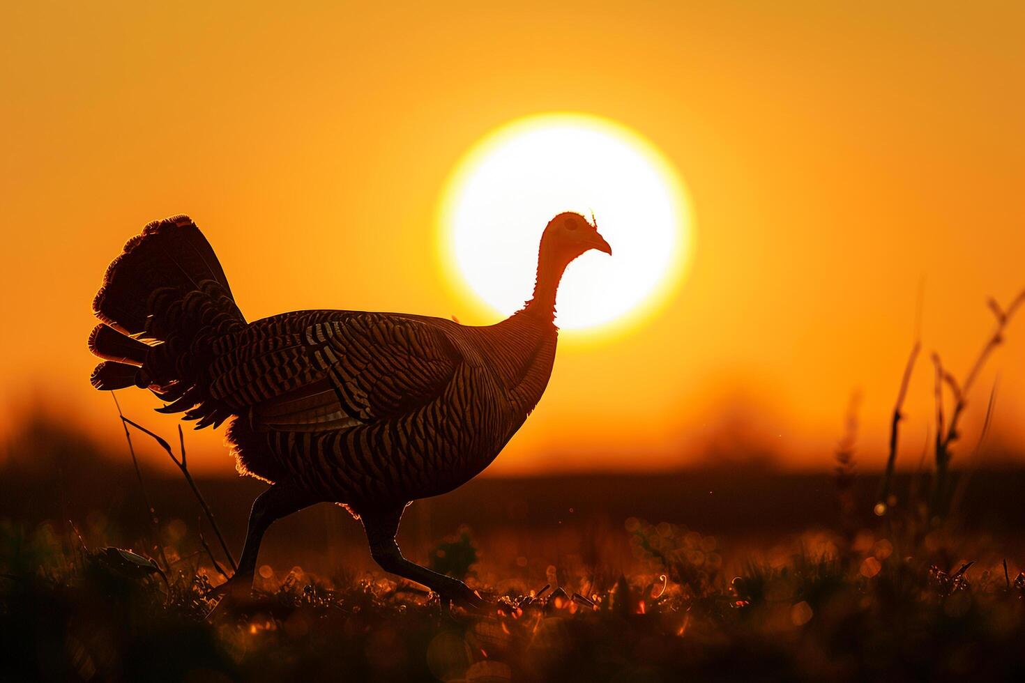Silhouette of a Turkey Walking Through a Field During Sunset with Nature Background and Golden Horizon photo
