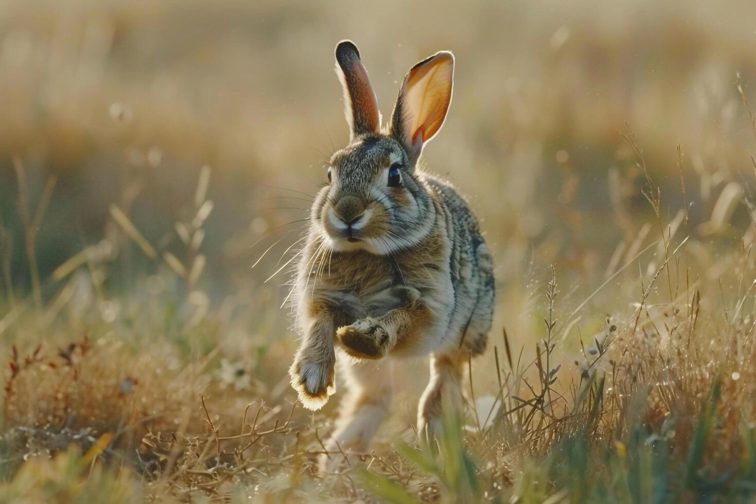 Rabbit Hopping Through a Meadow with Nature Background and Spring Colors photo