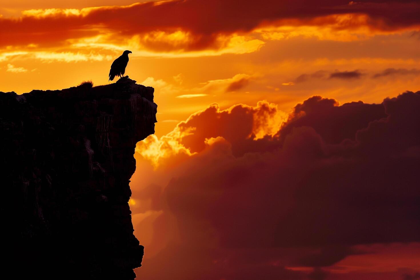 Majestic Eagle Perched on a Cliff Edge Silhouetted Against a Fiery Sunrise Sky Nature Background photo