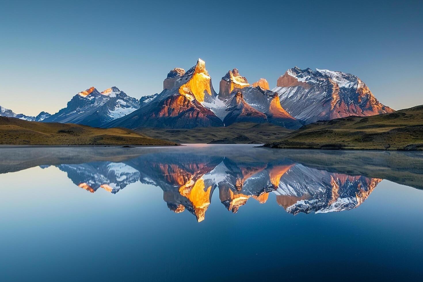 Snow Capped Mountains Reflected in a Crystal Clear Lake Background photo
