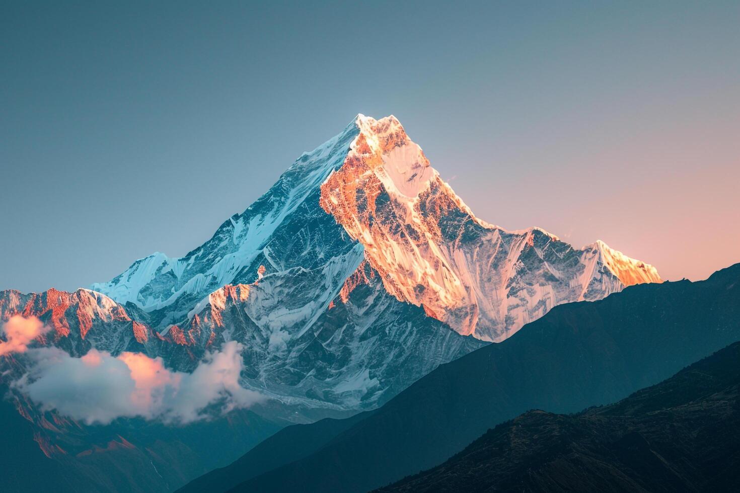 Snow Capped Mountain Peak Glowing in the First Light of Dawn Background photo