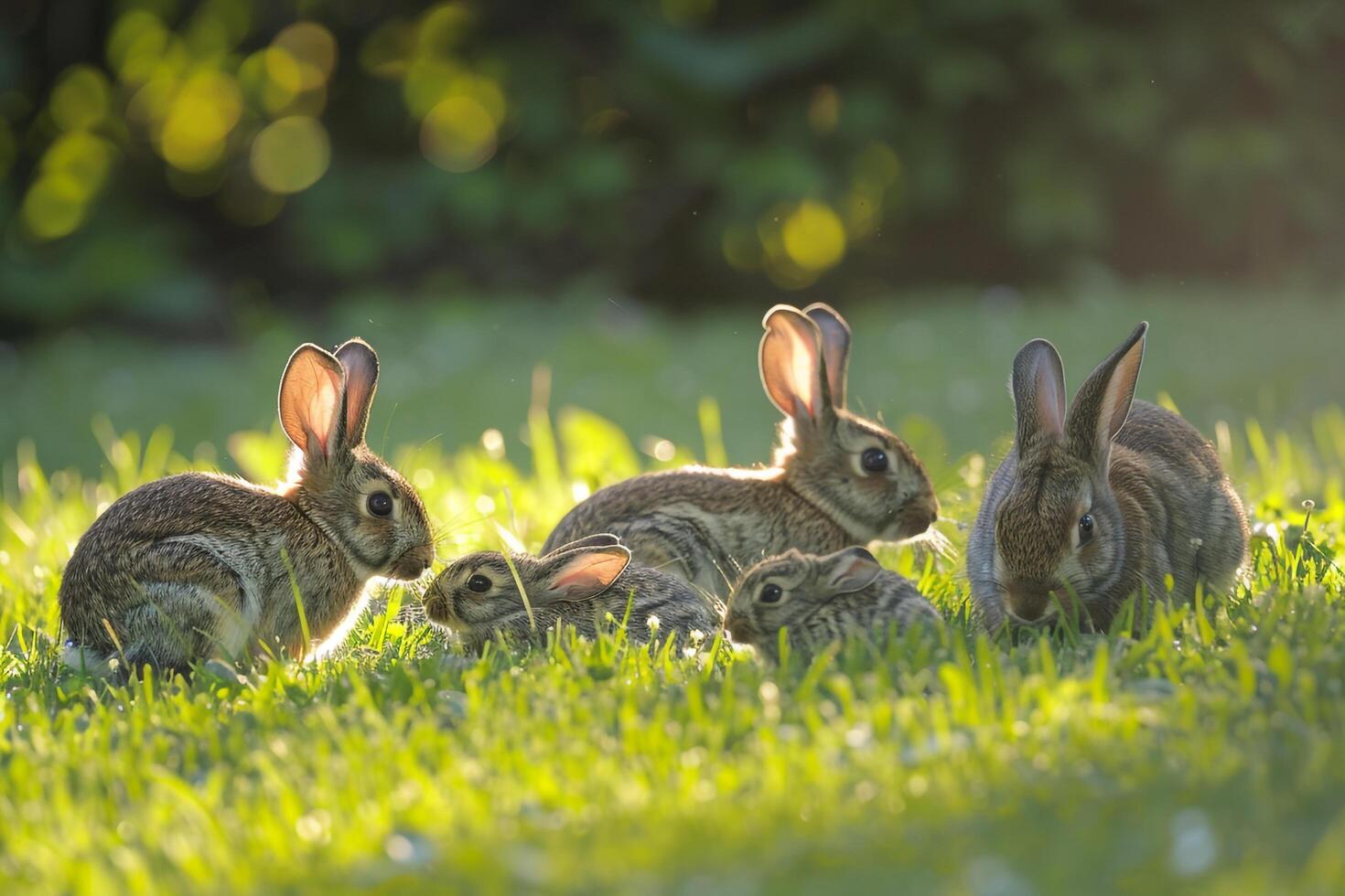 Family of Rabbits Nibbling on Fresh Green Grass in a Sunlit Meadow Nature Background photo