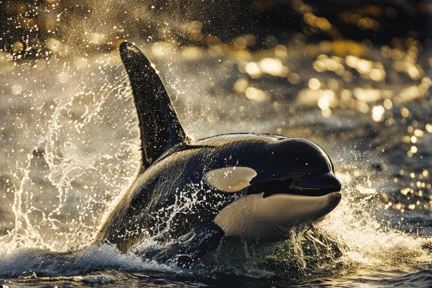 Orca Breaching the Ocean Surface with Water Splashing Around Marine Wildlife Background photo