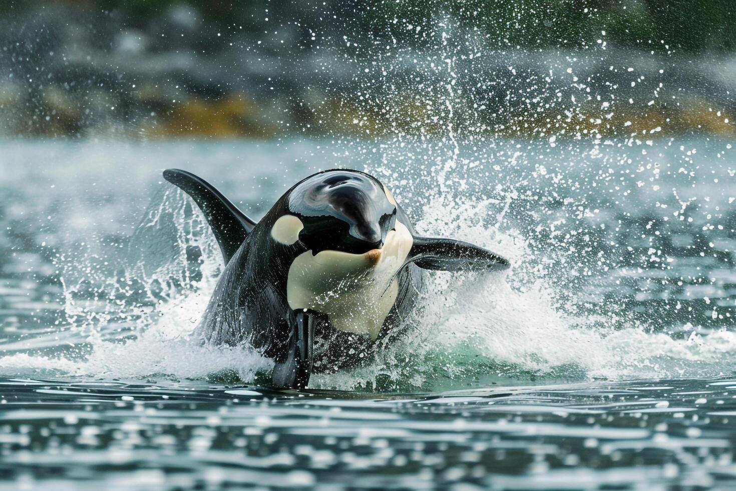 Orca Breaching the Ocean Surface with Water Splashing Around Marine Wildlife Background photo