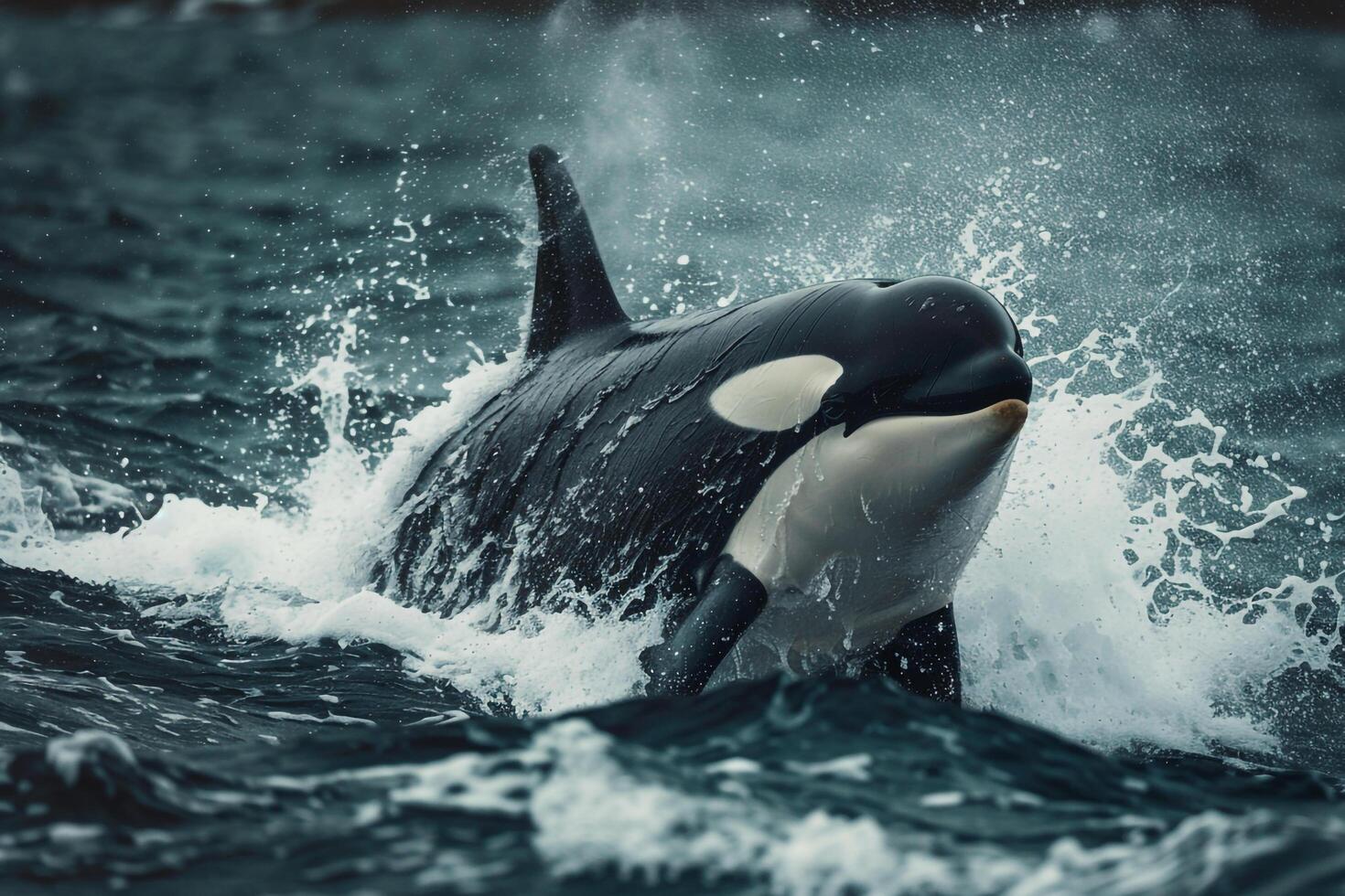 Orca Breaching the Ocean Surface with Water Splashing Around Marine Wildlife Background photo