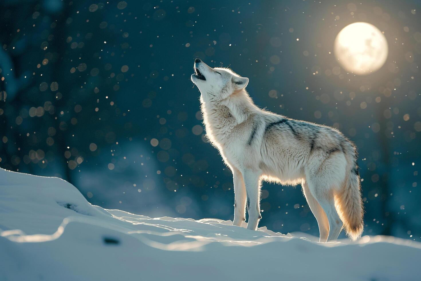 lobo clamoroso en un Nevado colina debajo el luz de la luna naturaleza antecedentes foto