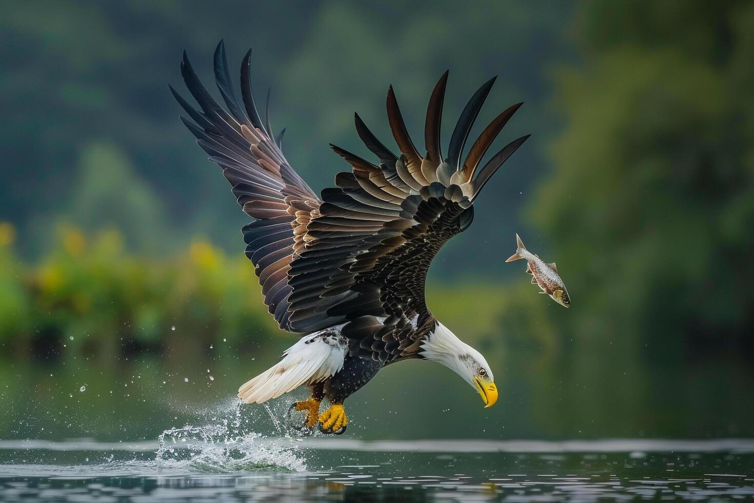 Bald Eagle Swooping Down to Catch a Fish from a Lake Nature Background photo
