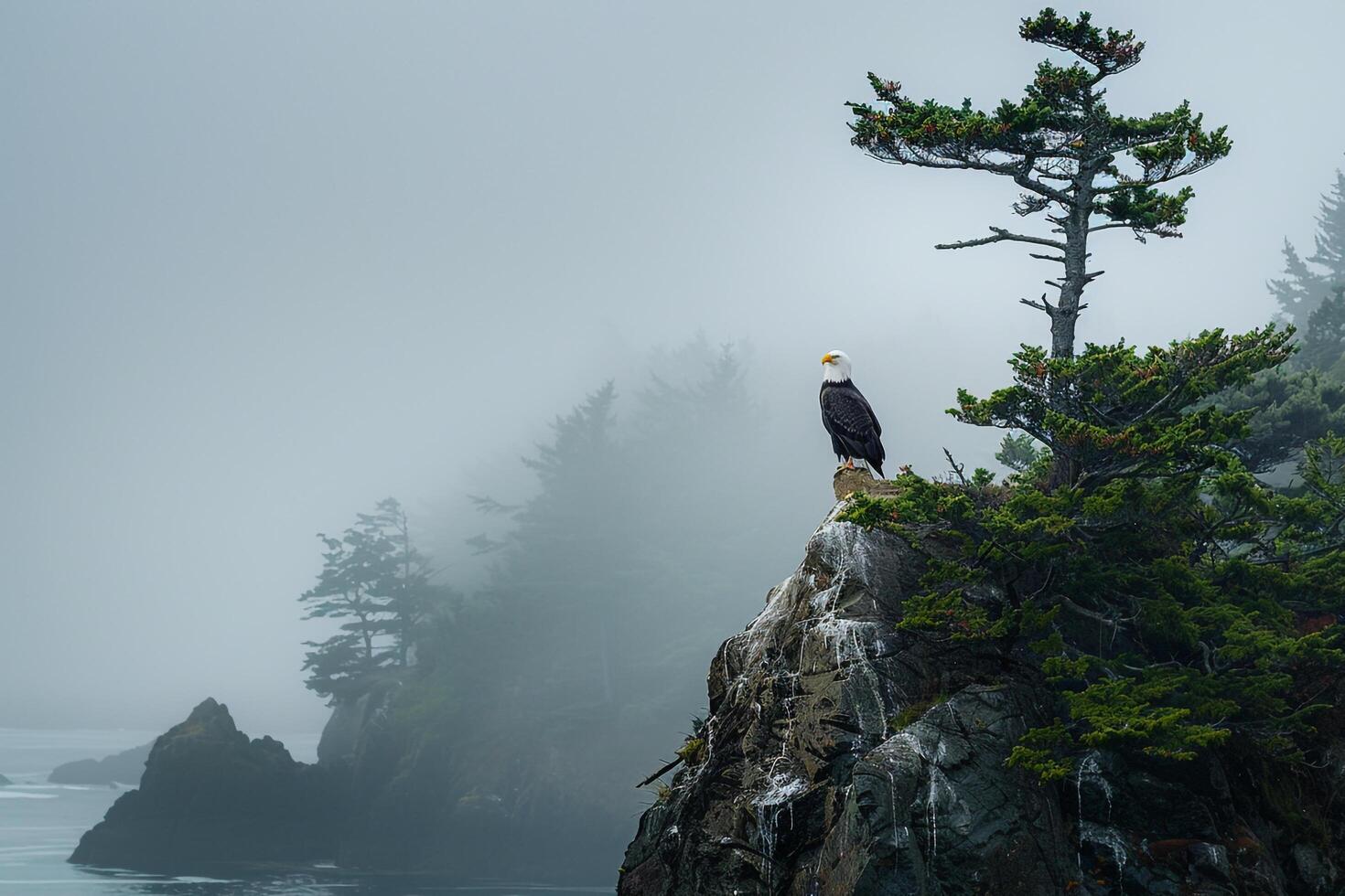 Bald Eagle Perched atop a Tree Overlooking a Rugged Coastline Nature Background photo