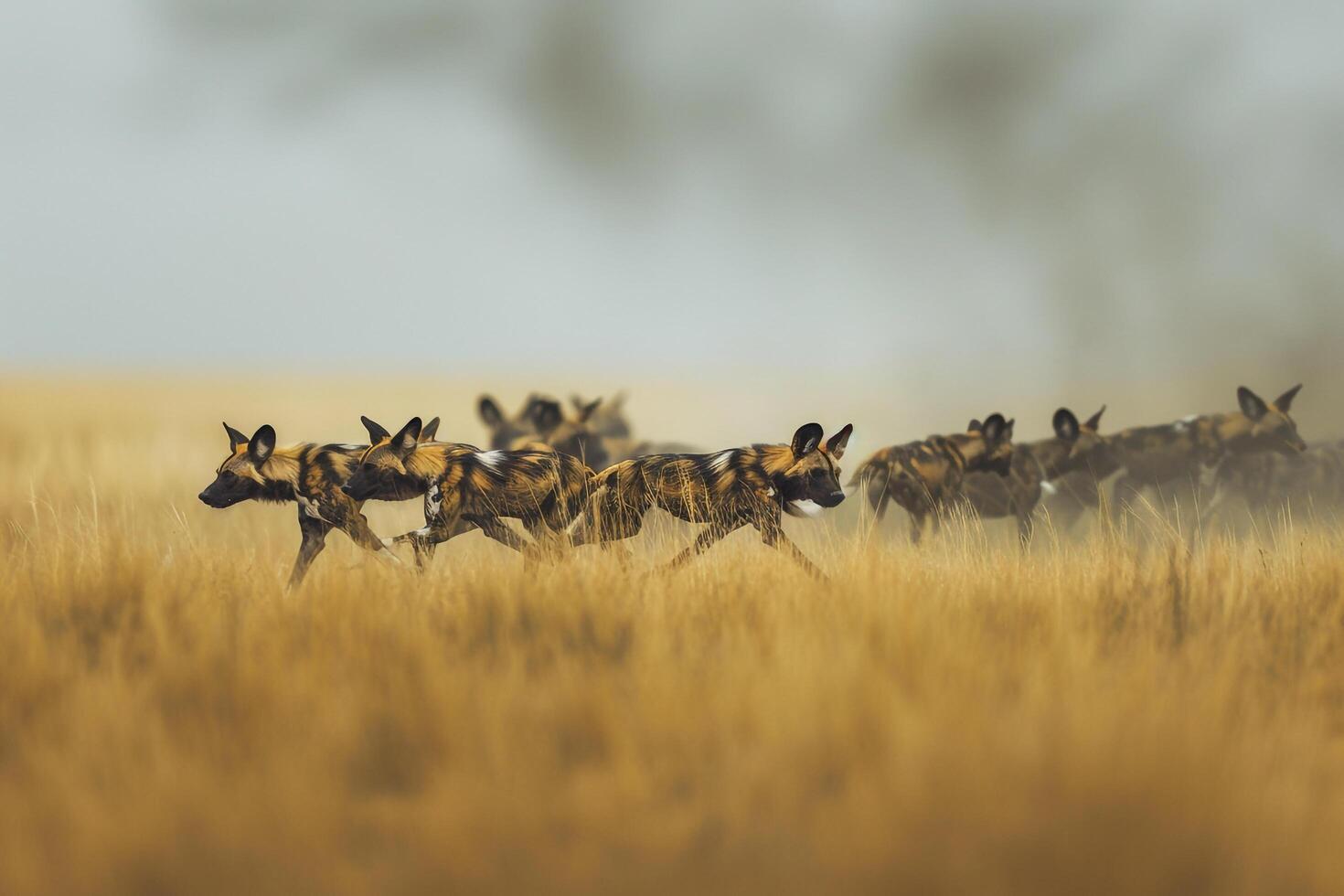 Pack of African Wild Dogs Hunting Together on the Savannah Nature Background photo