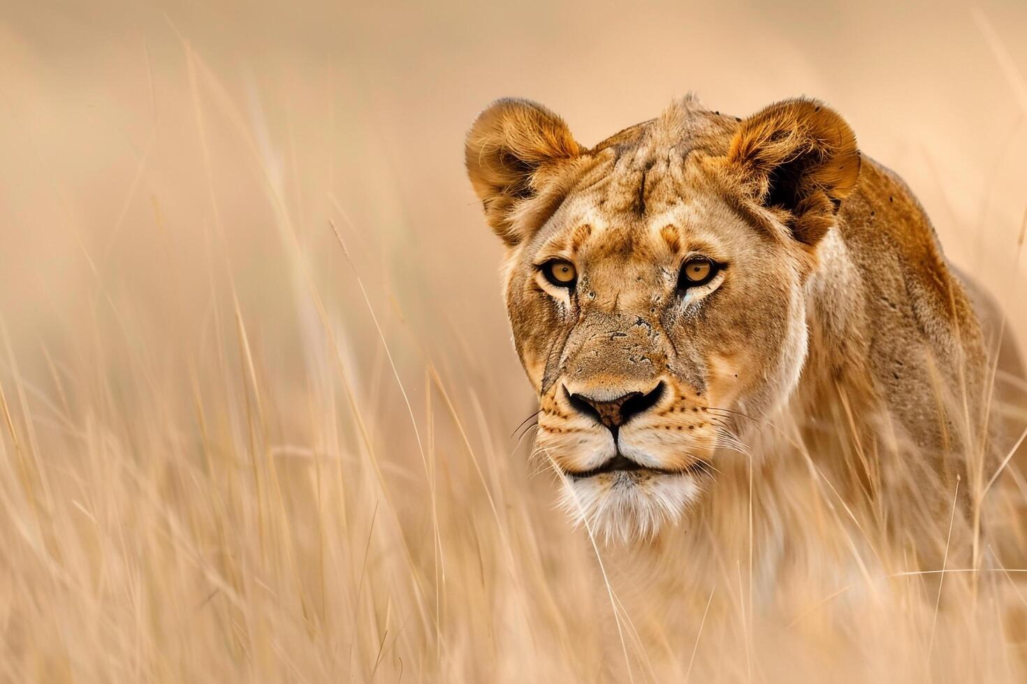 Lioness Stalking Through the Tall Grass of the Savannah Nature Background photo