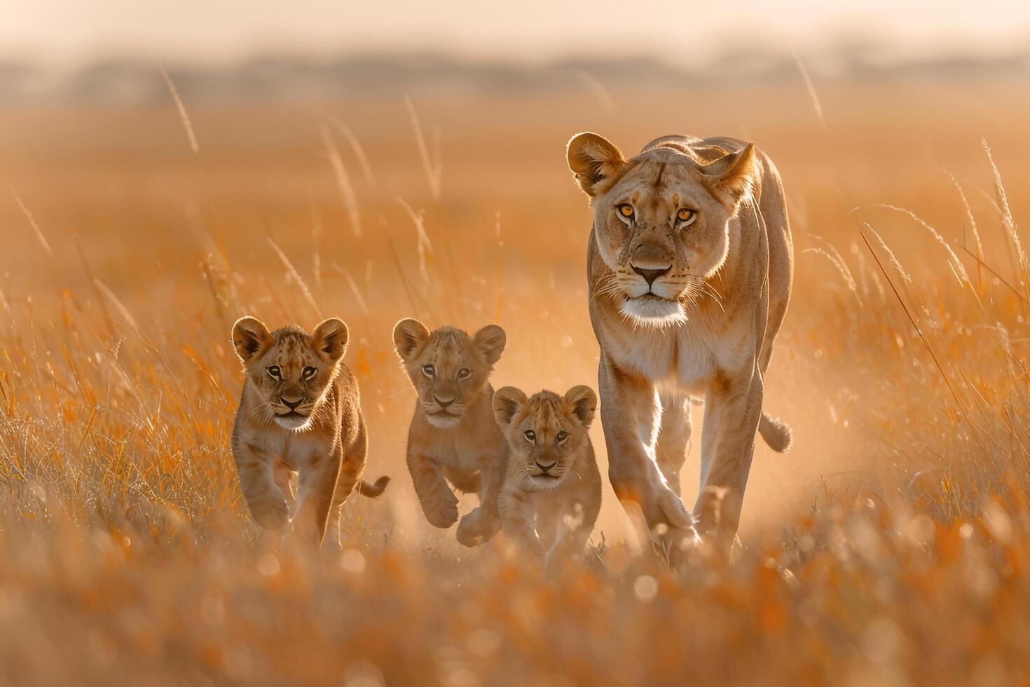 Lioness Leading Her Cubs Through Tall Grasses in the African Savannah Nature Background photo