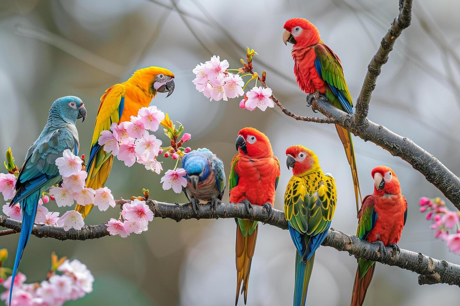 Group of Parrots Perched on a Blossoming Cherry Tree in a Spring Garden Nature Background photo
