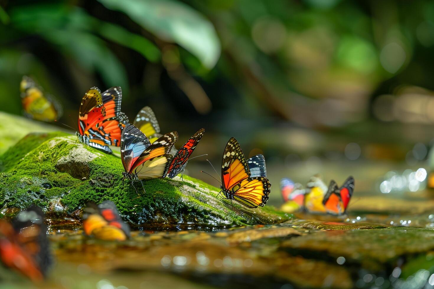 Group of Butterflies Resting on a Mossy Rock Beside a Crystal Clear Stream Nature Background photo