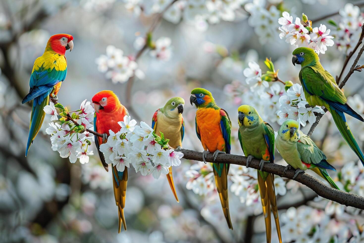 Group of Parrots Perched on a Blossoming Cherry Tree in a Spring Garden Nature Background photo