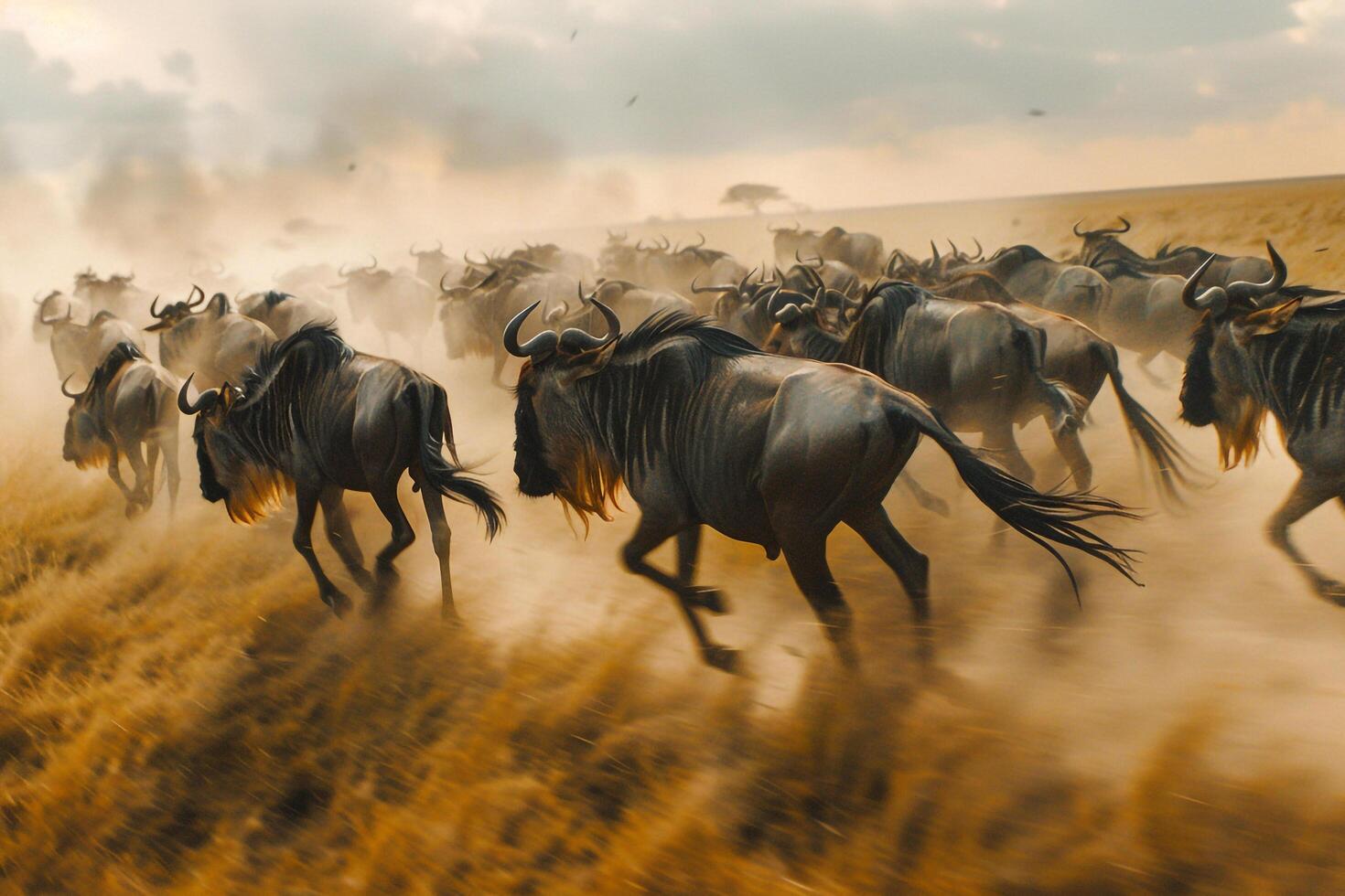 Herd of Wildebeest Migrating Across the Savannah Nature Background photo