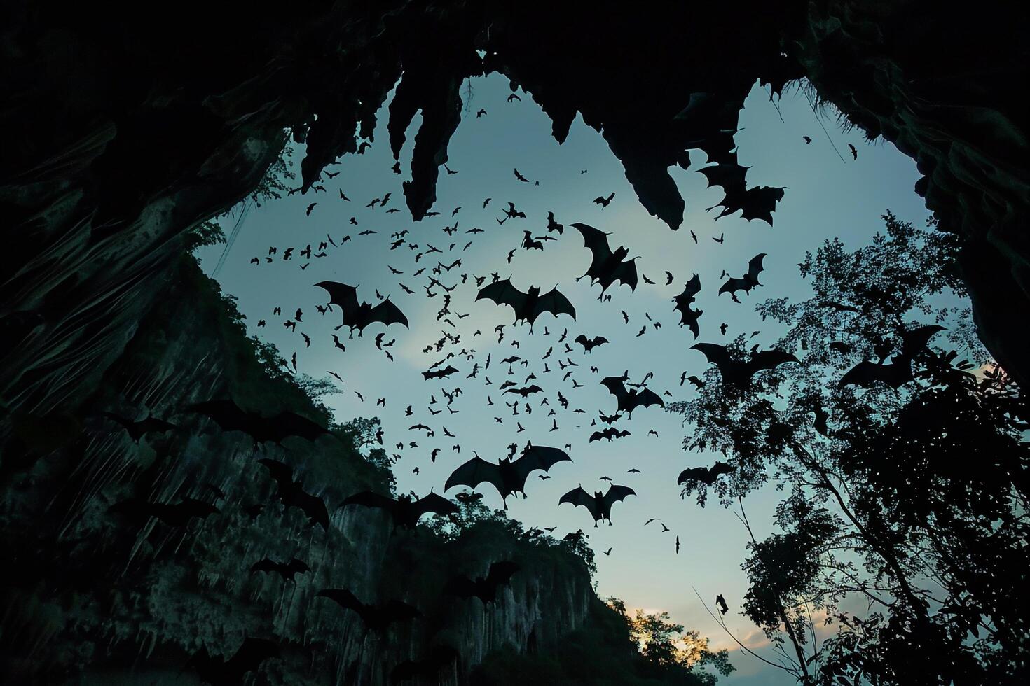 group of bats flying out of a cave at dusk silhouetted against the sky Nature Background photo