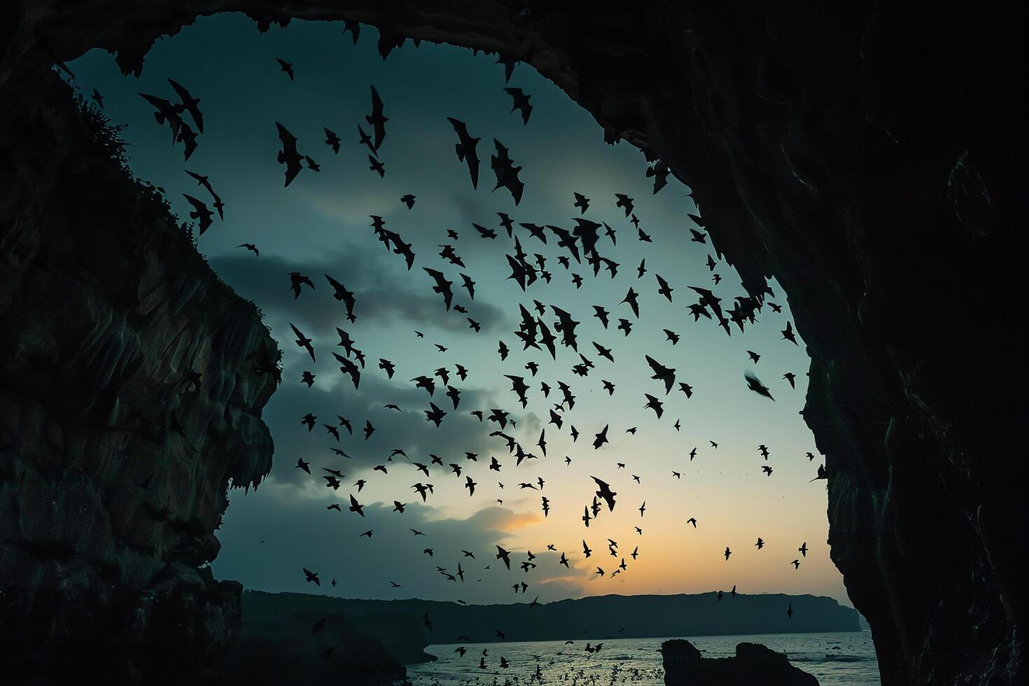 Group of Bats Flying Out of a Cave at Dusk Silhouetted Against the Sky Nature Background photo