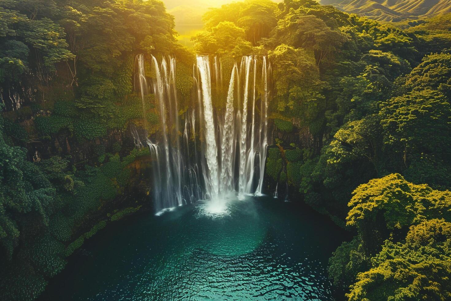 Waterfall Flowing into Crystal Clear Tropical Pool Nature Background photo
