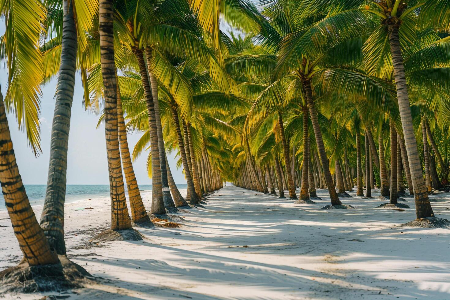 Coconut Trees Lining White Sandy Beach Tropical Paradise  Nature Background photo