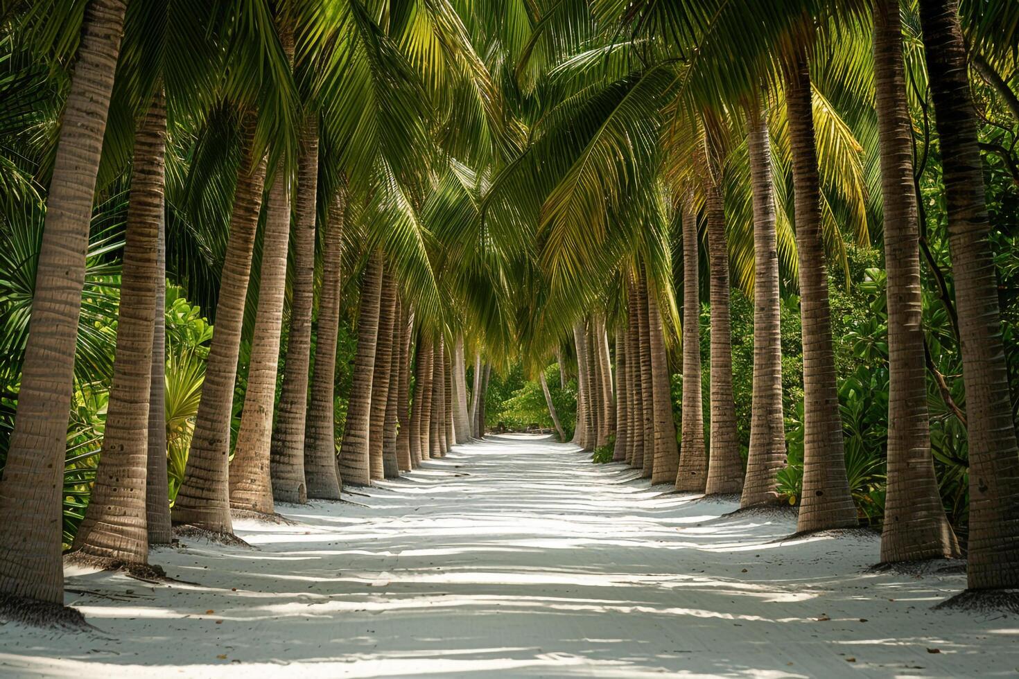 Coconut Trees Lining White Sandy Beach Tropical Paradise  Nature Background photo