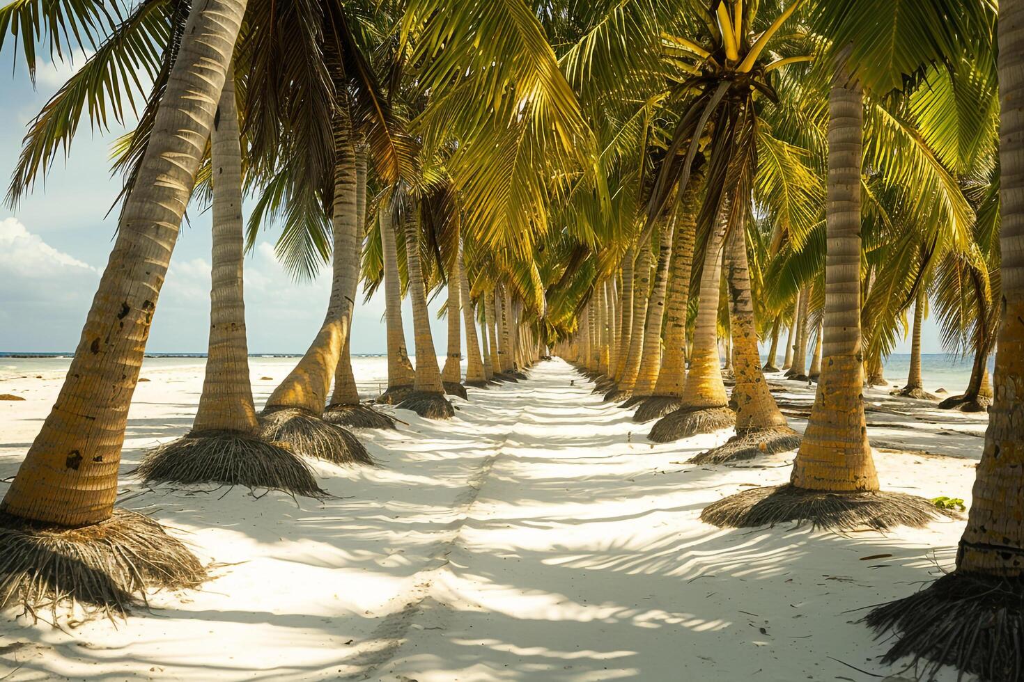 Coconut Trees Lining White Sandy Beach Tropical Paradise  Nature Background photo