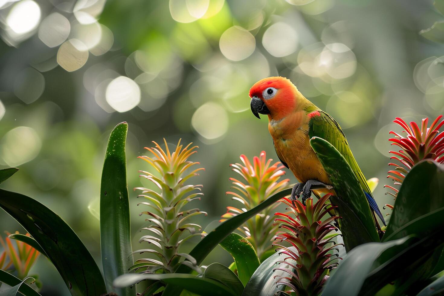 Parrot in Tropical Rainforest with Bromeliads  Jungle  Nature Beauty photo