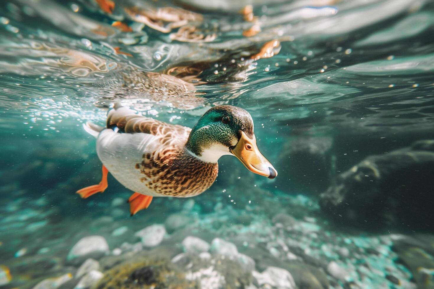 Mallard Duck Diving for Food in a Clear Freshwater Lake Nature Background photo