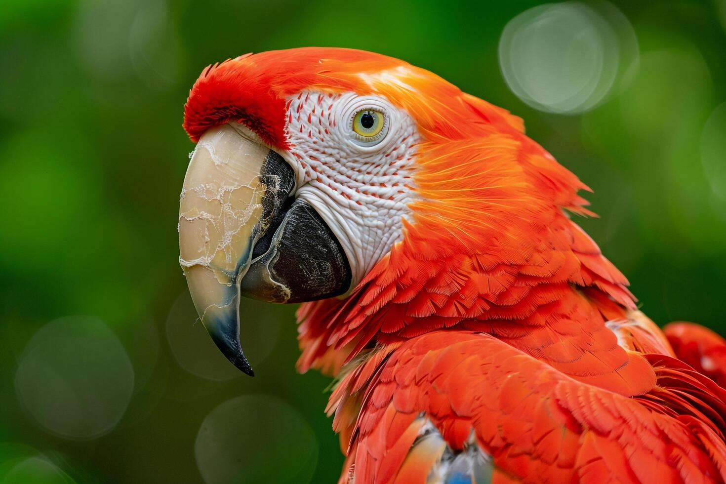 Nature Background Portrait of a Scarlet Macaw with  Feathers Against a Green Tropical Background Nature Background photo