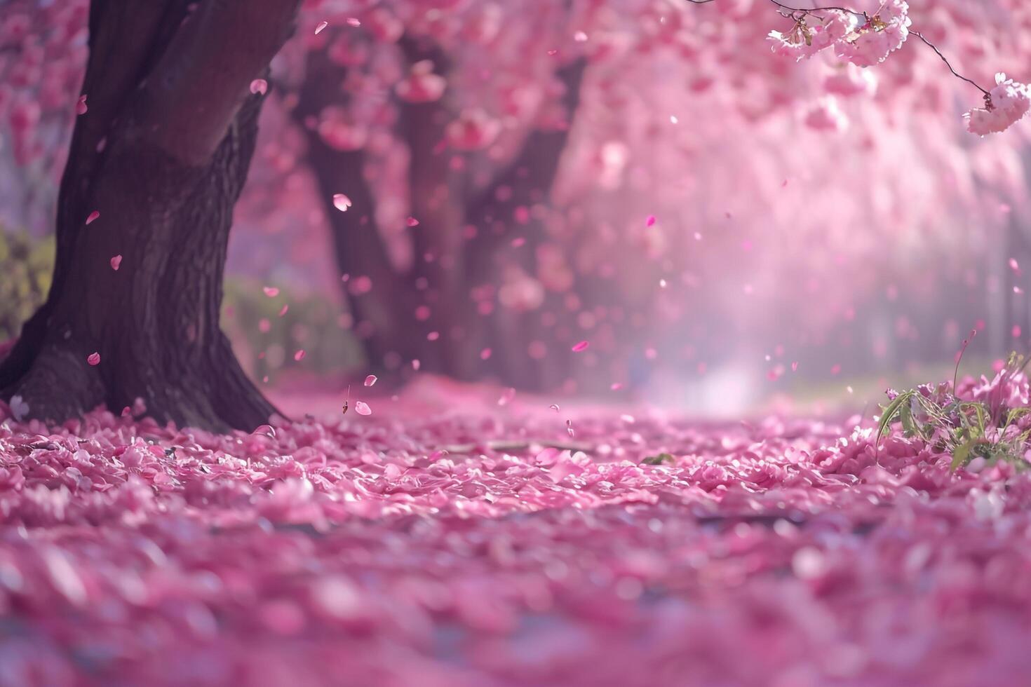 Cherry blossom trees in full bloom with pink petals carpet background nature photo
