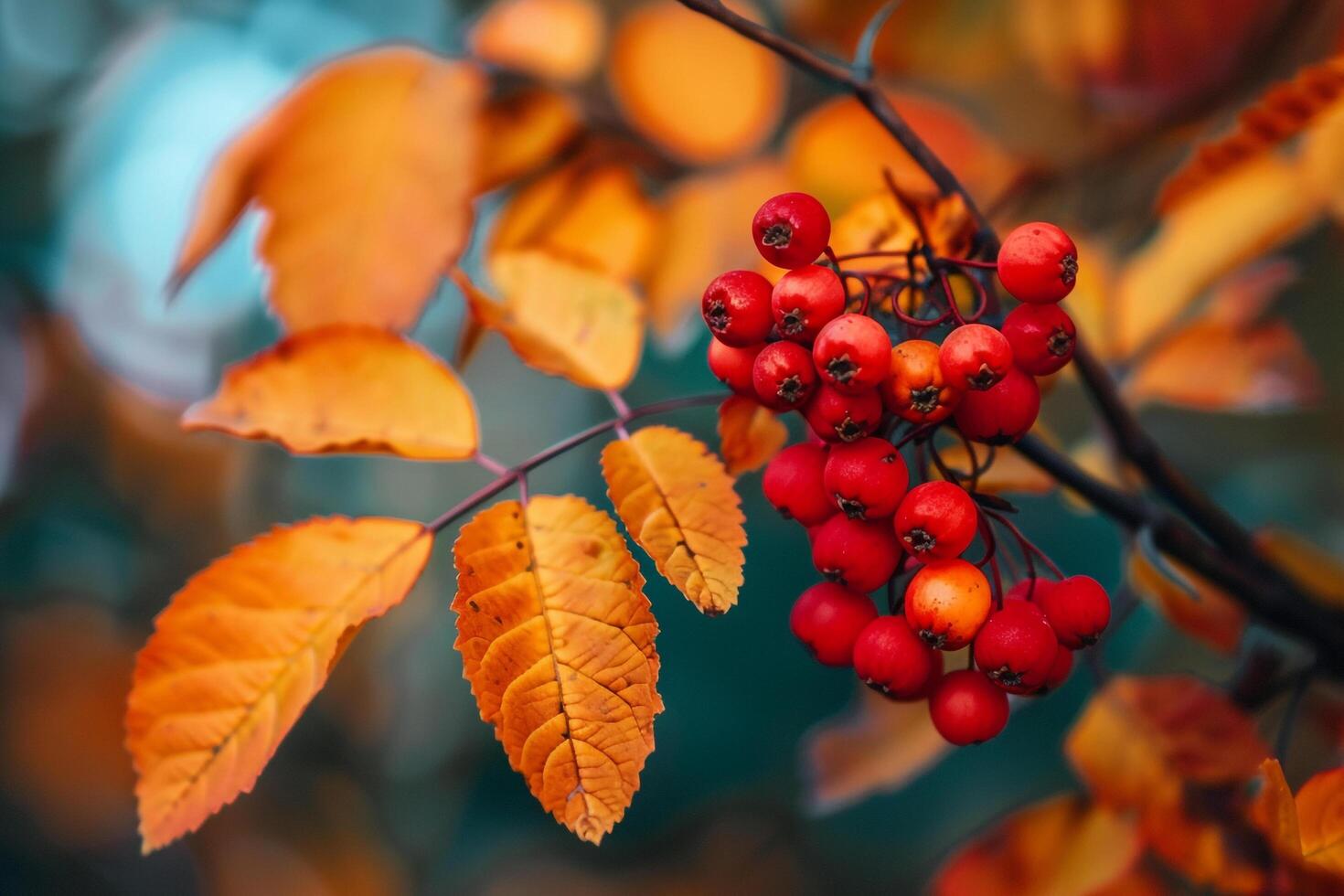 Bright red berries contrasting with autumn leaves background nature photo